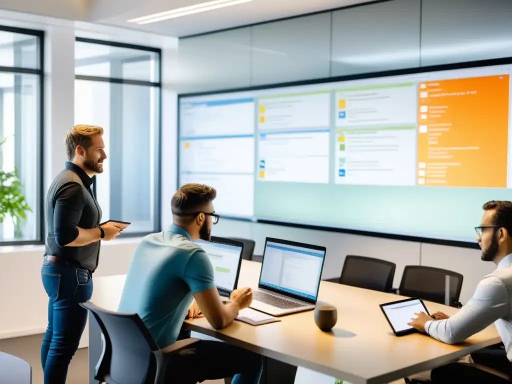 Equipo colaborando en proyecto con Kanban y herramientas Open Source en oficina luminosa