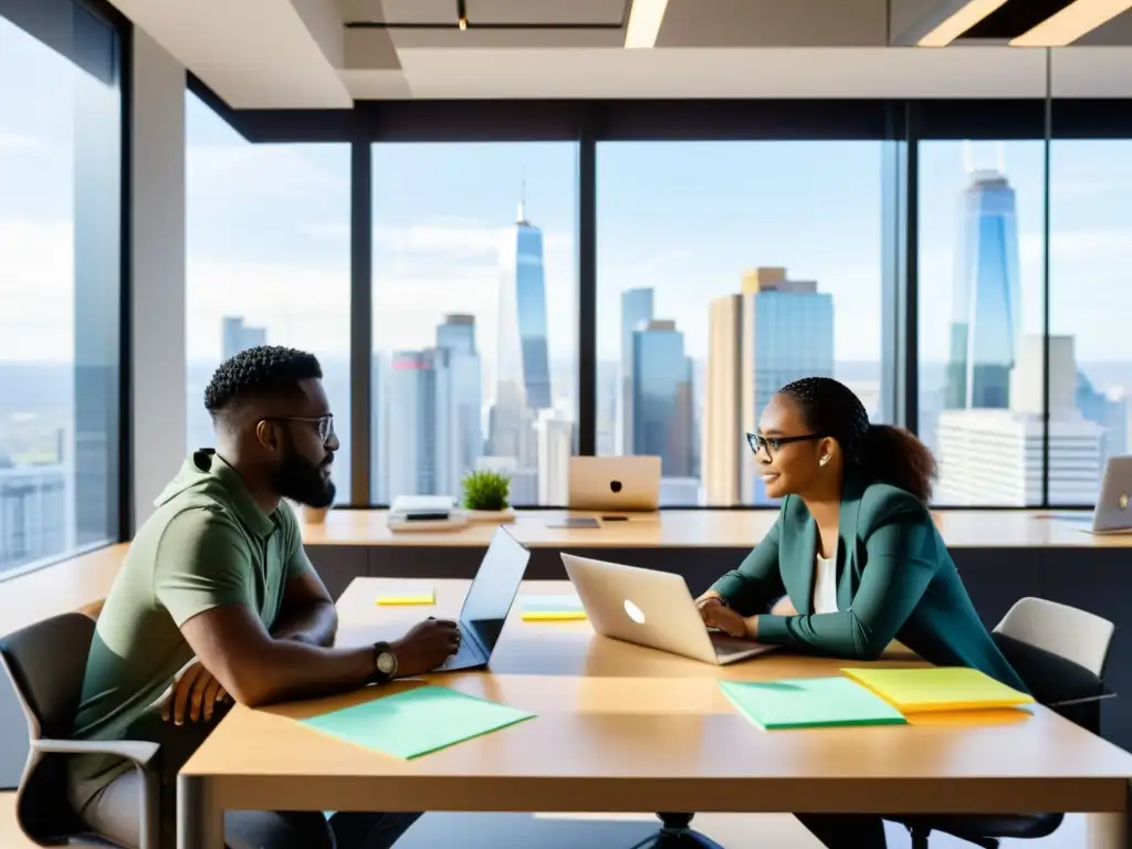 Equipo de profesionales colaborando en proyecto de frontend Equipo colaborando en proyectos frontend con Git en moderna oficina con mucha luz natural y vista a la ciudad