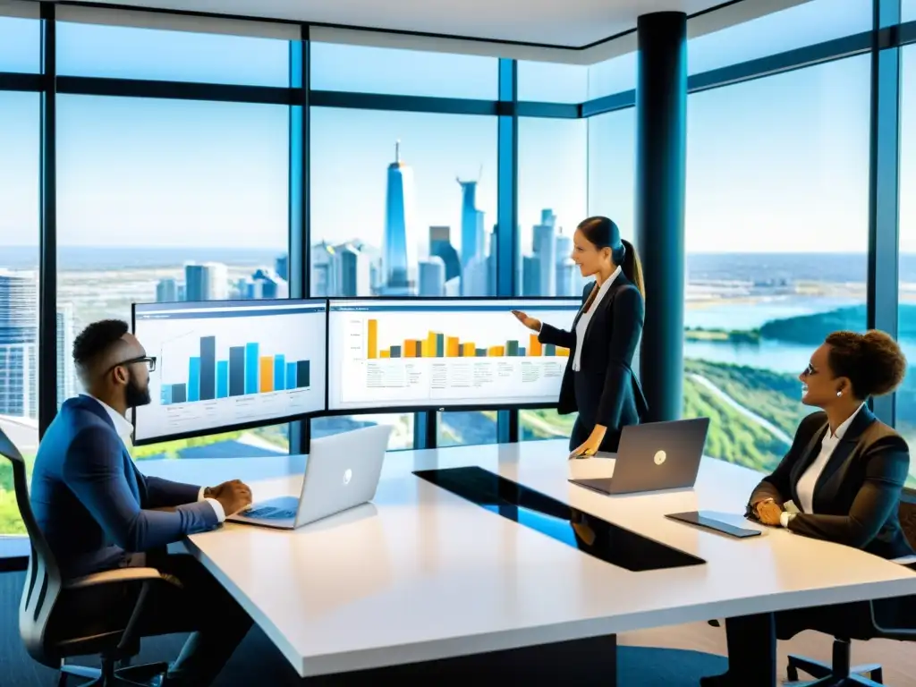 Un equipo de gestión de proyectos en Linux colabora en una oficina moderna y luminosa, con una vista panorámica de la ciudad, utilizando software de vanguardia en laptops