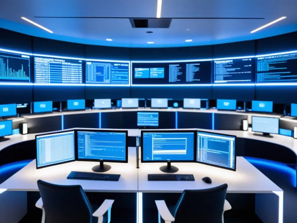 Lab de seguridad de vanguardia: tecnología y expertise Equipo de seguridad en desarrollo de código abierto en laboratorio de pruebas de alta tecnología con monitores, servidores y gráficos futuristas
