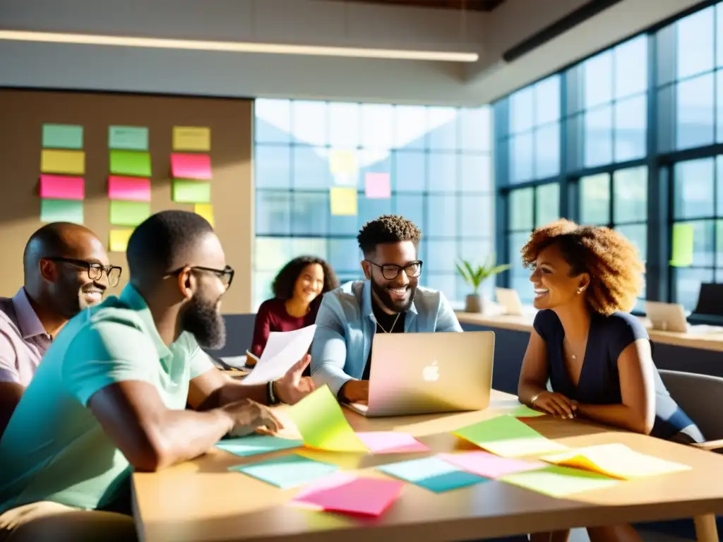 Equipo de startup colaborando en un espacio moderno, mostrando la energía del desarrollo ágil en startups de código abierto