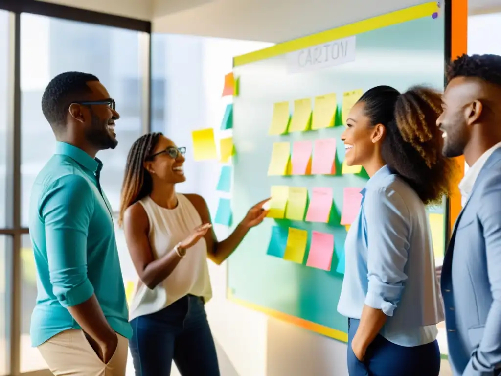 Equipo de startup en oficina moderna, discutiendo con energía