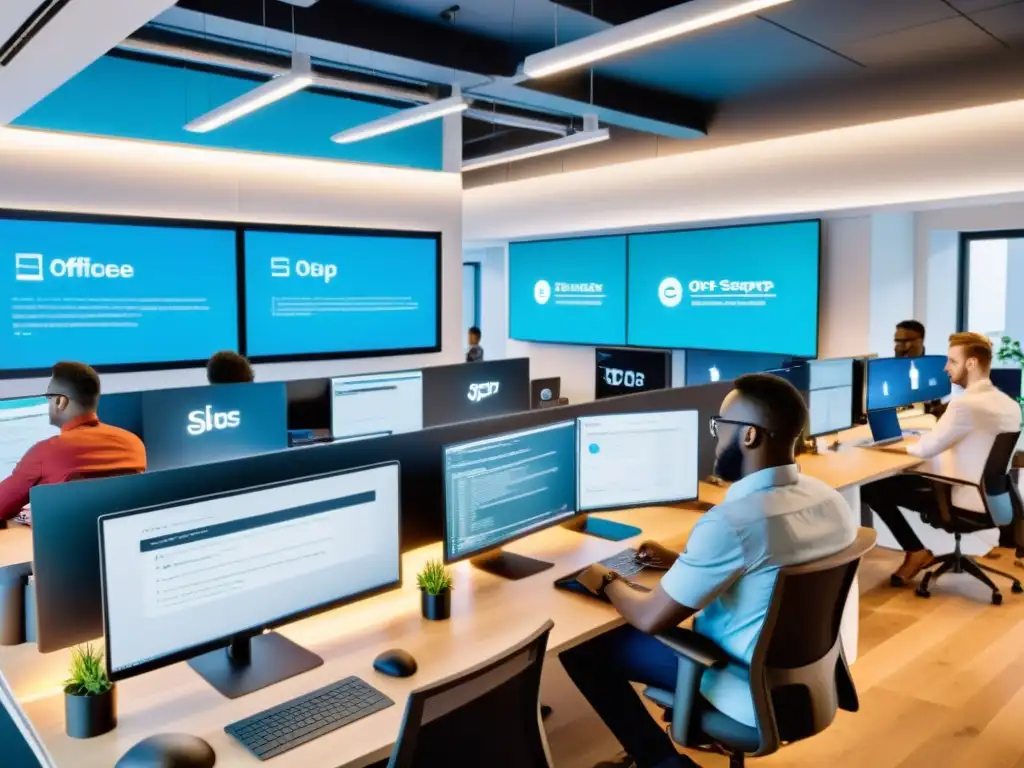 Equipo de startups con tecnología AI de código abierto, colaborando en un espacio moderno y dinámico