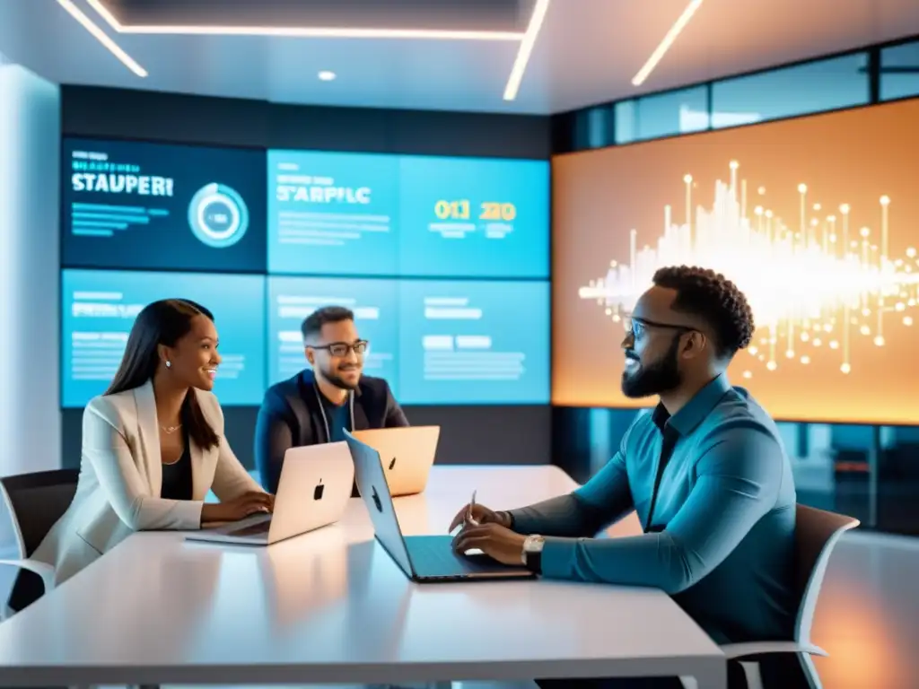 Equipo de startups colaborando en moderna oficina con tecnología IA de código abierto para proyectos innovadores