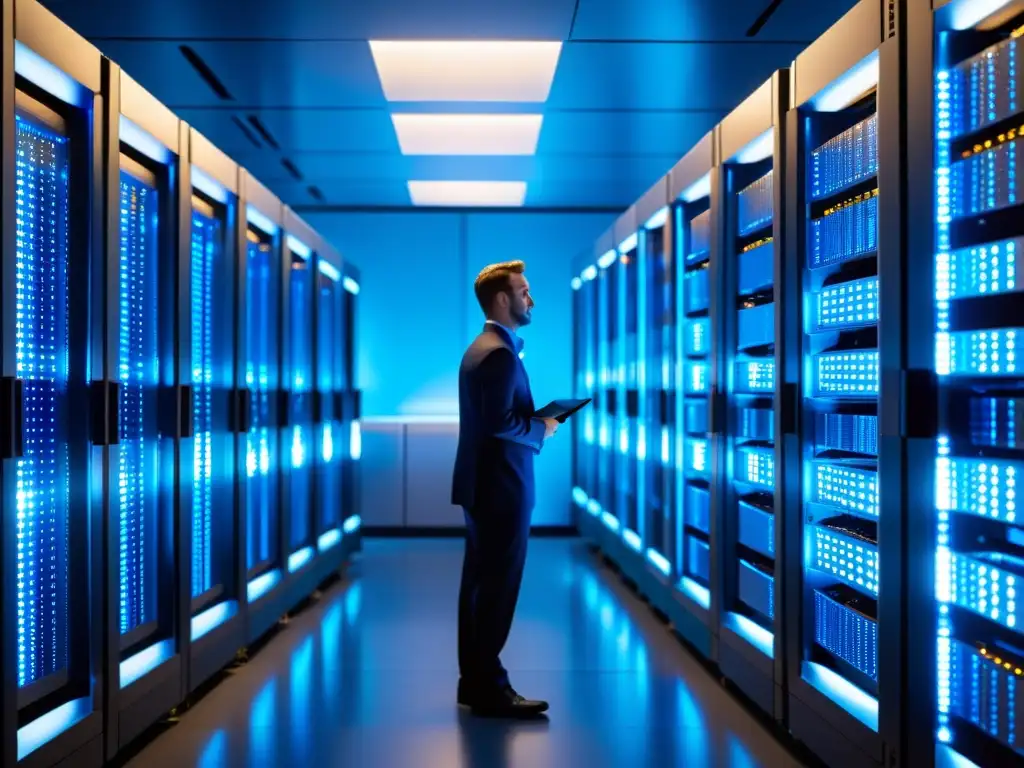 Un equipo de técnicos mantiene con determinación los servidores en una sala de servidores futurista, bañada en luz azul