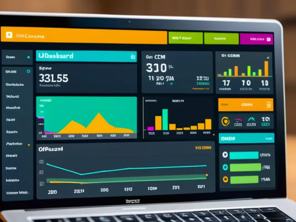 Implementación de ERPs y CRMs de código abierto: Un dashboard futurista muestra gráficos dinámicos y colores vibrantes, proyectando tecnología vanguardista y eficiencia