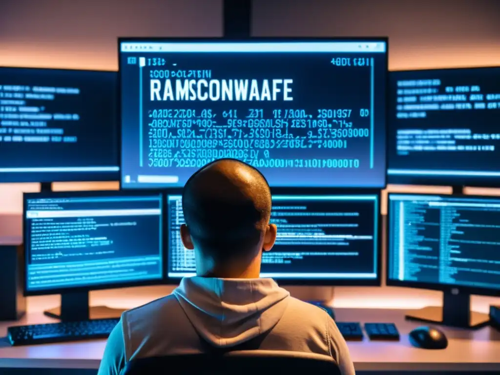 Escena de ataque de ransomware con hacker, empresario angustiado y archivos cifrados