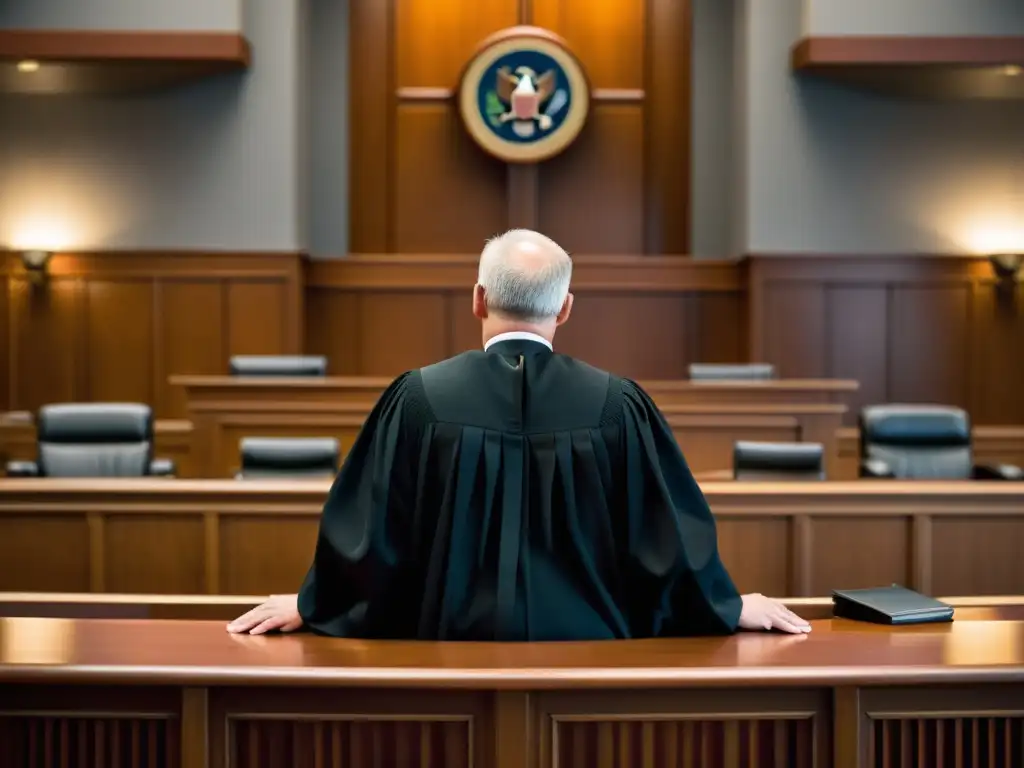 Dramático juicio por licencias de código abierto Escena dramática en la sala del tribunal con el juez presidiendo un caso sobre infracciones de licencias Open Source