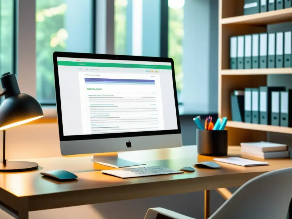 Escena elegante de escritorio de oficina con computadora y libros, reflejando la investigación de la base de datos NoSQL orientada a documentos