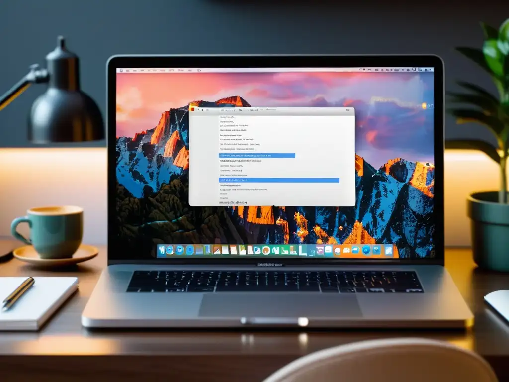 Una escena elegante y moderna con un MacBook Pro mostrando la interfaz de TextMate MacOS