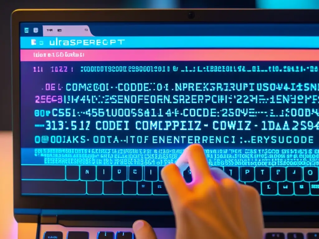 Una escena futurista de encriptación extremo a extremo con código abierto, mostrando líneas de código y visualizaciones coloridas