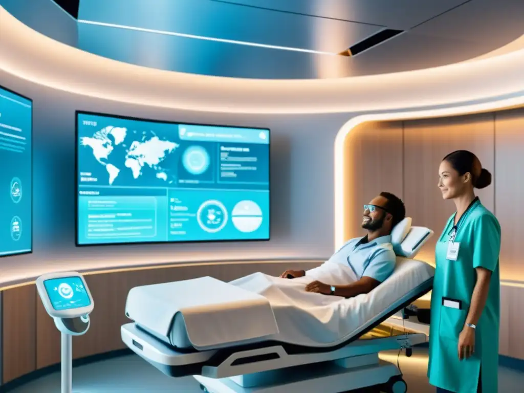 Escena futurista en hospital con plataformas Open Source IA Big Data Salud, tecnología innovadora y paciente y médico interactuando