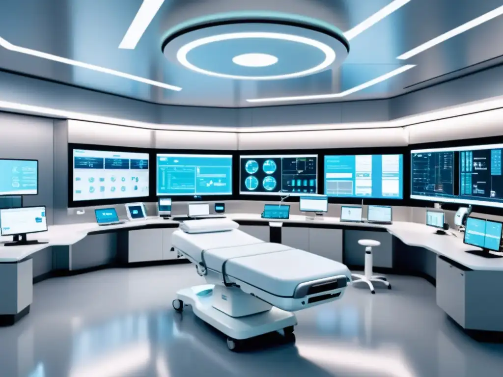 Escena futurista en un hospital con tecnología médica avanzada y colaboración entre profesionales y AI para optimización de recursos en hospitales