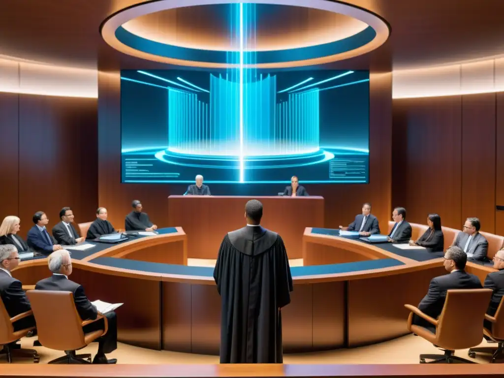 Escena futurista de un tribunal con aspectos legales, abogados y expertos en inteligencia artificial debatiendo, rodeados de pantallas con código abierto y algoritmos de aprendizaje profundo