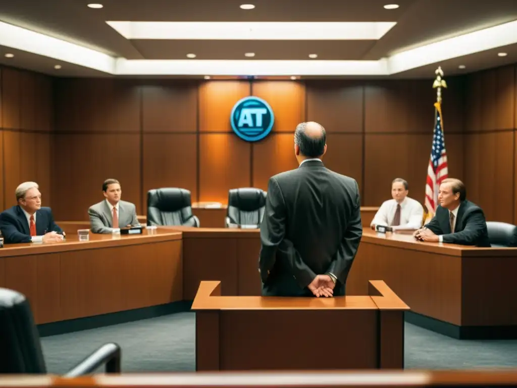 Escena de juicio en los años 90 con abogados, jueces y atmósfera tensa, destacando la crucial evolución de los sistemas operativos BSD