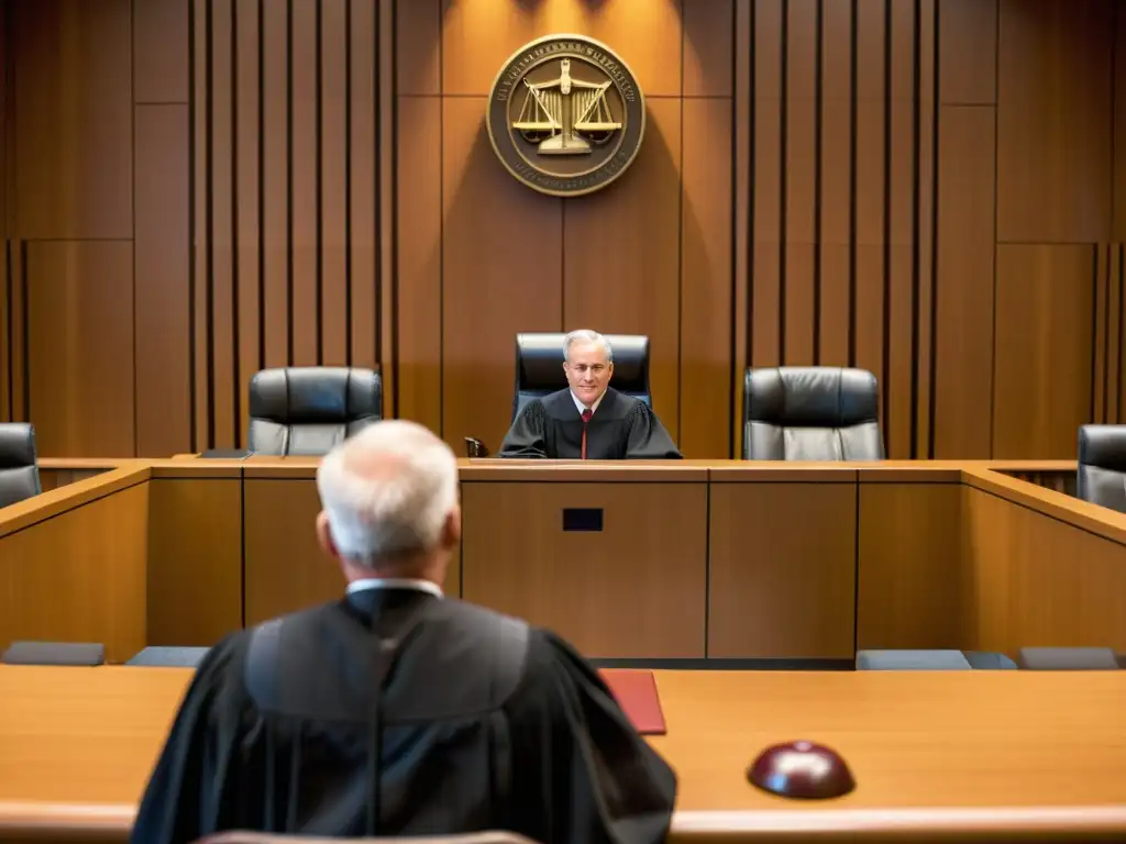 Escena de la sala de tribunal moderna con un juez y un martillo Escena moderna de una sala de audiencias con un enfoque en el estrado del juez, donde descansa un martillo delante de las manos del juez