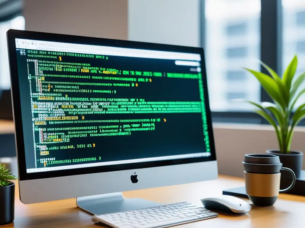 Configuración segura de paquetes: código elegante en entorno moderno Escena moderna de seguridad Linux: código en terminal, espacio de trabajo y accesorios contemporáneos, siguiendo mejores prácticas seguridad Linux