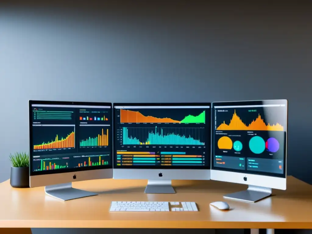 Contraste de software: moderno vs Escena de oficina minimalista con dos pantallas de ordenador, una mostrando software de código abierto y la otra software propietario