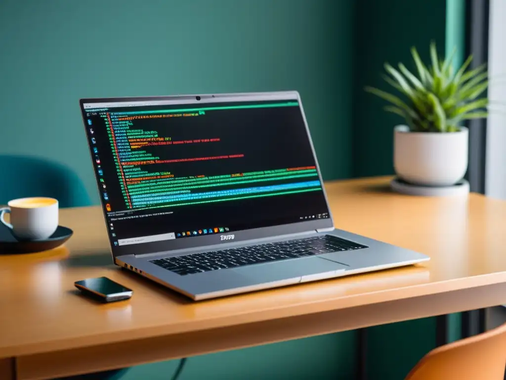 Escena profesional de aprendizaje autodidacta en software de código abierto con laptop moderno y ambiente minimalista inspirador