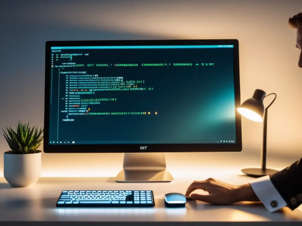 Una escena profesional y moderna: Automatización de tareas con Git Hooks en un elegante monitor, con ambiente minimalista y eficiente