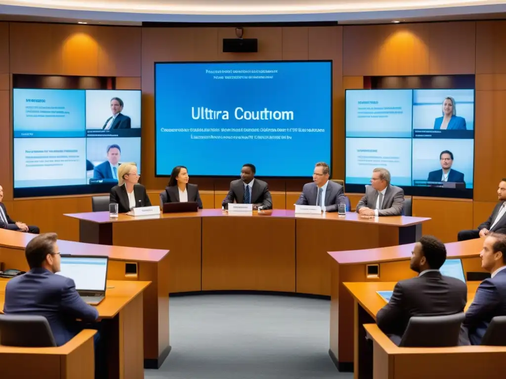 Escena de tribunal moderno con abogados, jueces y clientes discutiendo sobre licencias de software de código abierto en pantalla digital