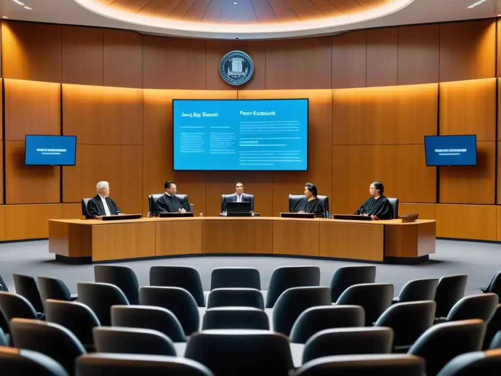 Escena de tribunal moderno con abogados debatiendo en un caso de patentes en software de código abierto