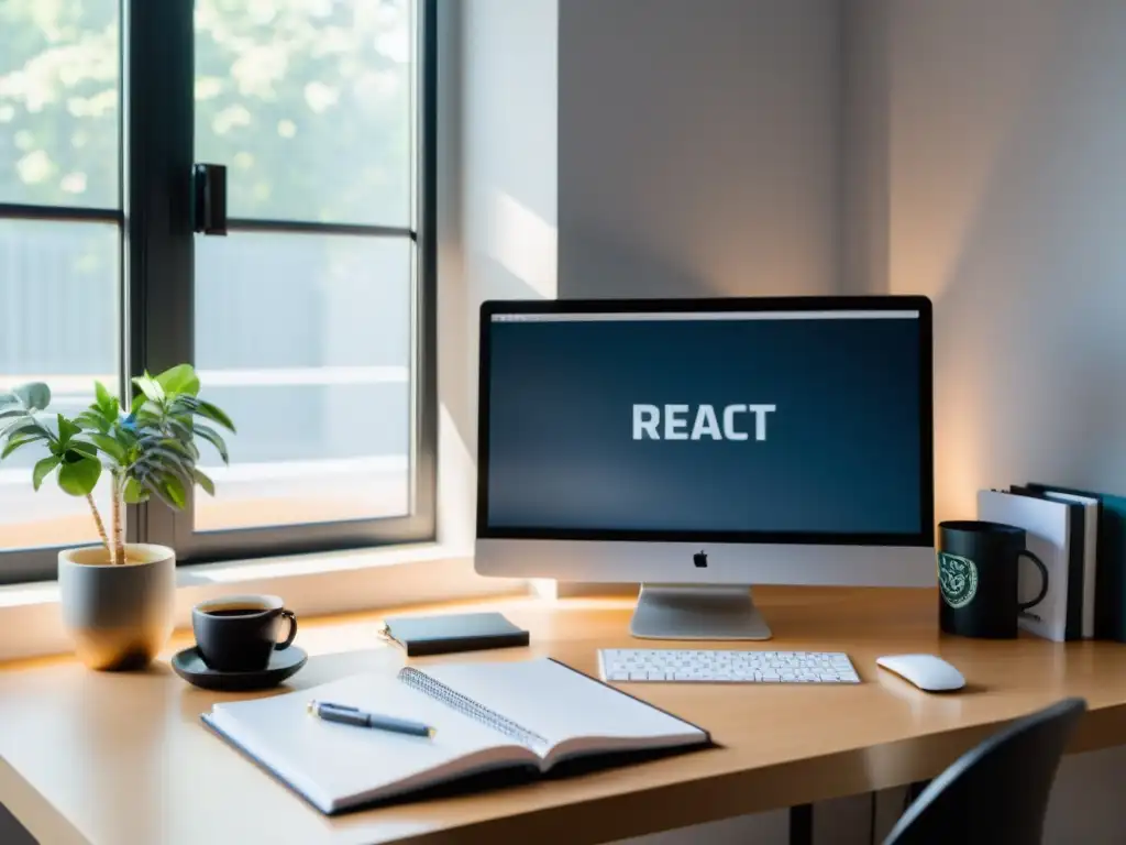 Escritorio de desarrollador web moderno, bañado en luz natural, con código de gestión eficaz de estado en aplicaciones React con Redux en pantalla, creando una atmósfera de enfoque y productividad