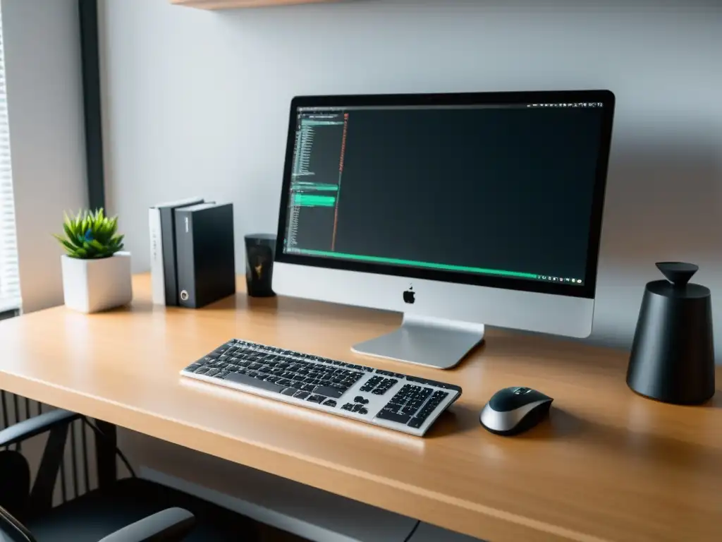 Escritorio elegante y eficiente con Vim, teclado minimalista y espacio limpio, ideal para personalizar entorno Vim desarrollo eficiente
