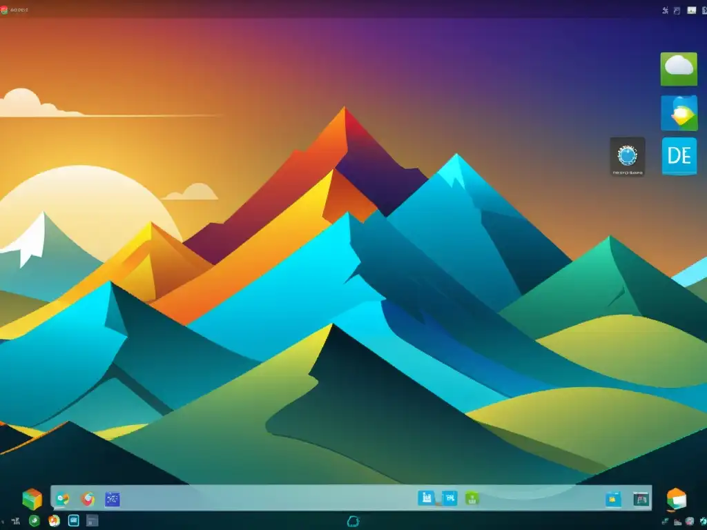 Escritorio futurista de KDE mostrando un diseño elegante y personalizable con paisaje montañoso vibrante