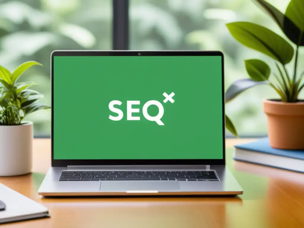 Escritorio con laptop y herramientas de SEO de código abierto, rodeado de vegetación, para una introducción al SEO de código abierto