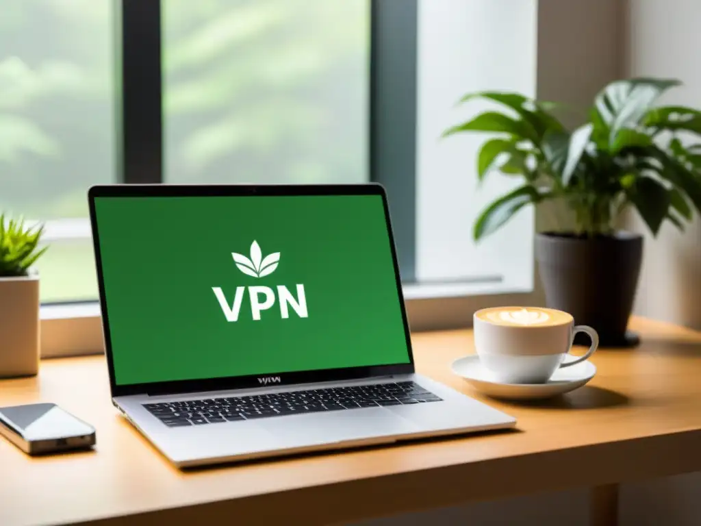 Escritorio minimalista con VPN de código abierto para principiantes, rodeado de calidez y claridad natural