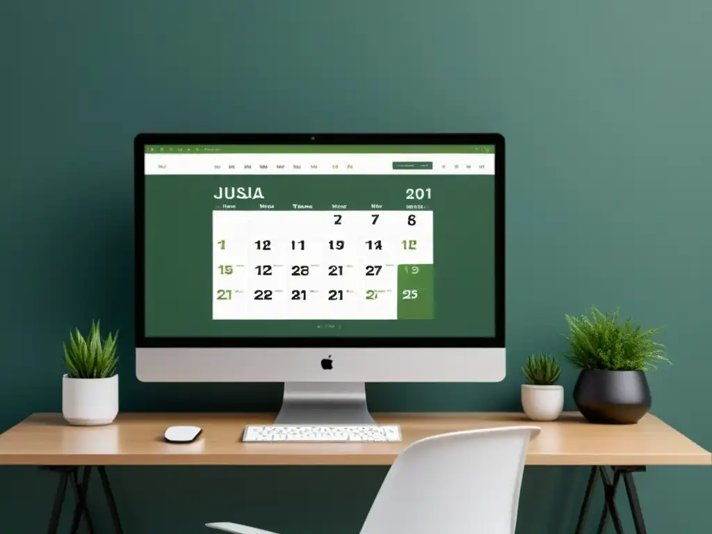 Un escritorio minimalista con un elegante calendario de código abierto en alta resolución, creando un entorno profesional y eficiente