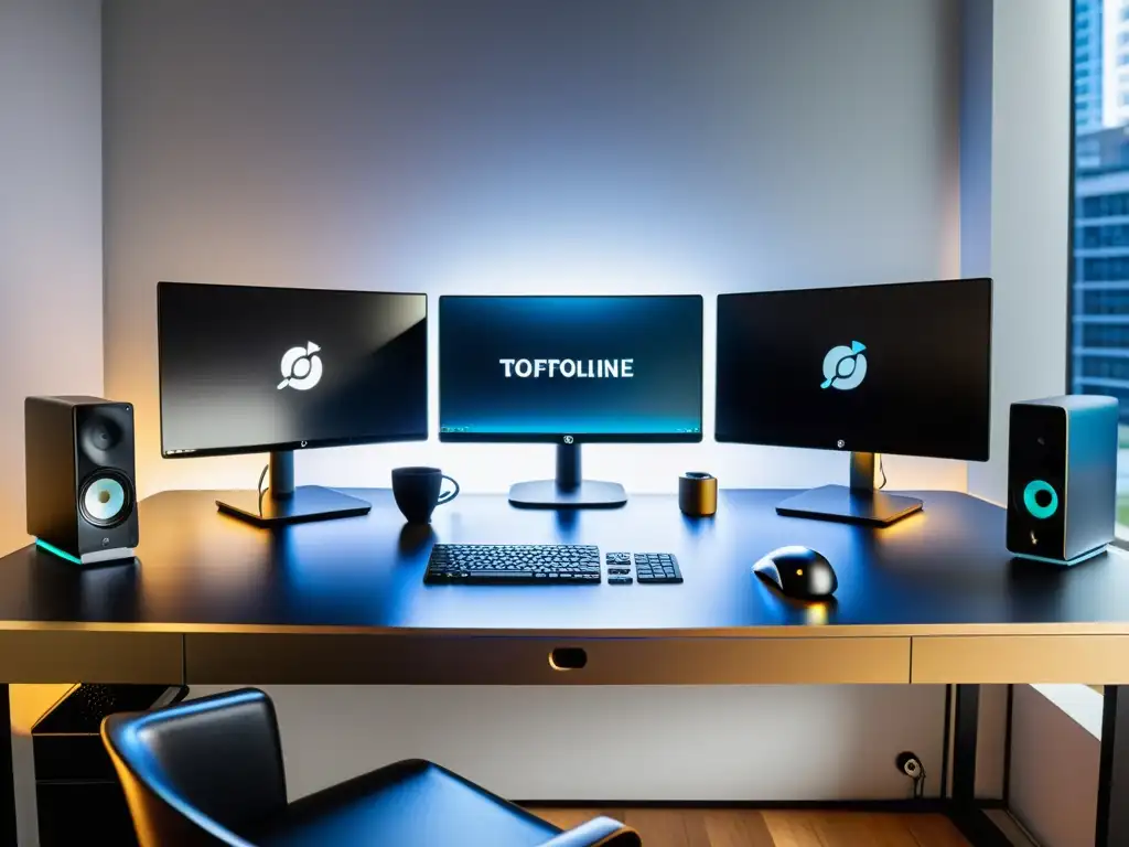 Escritorio minimalista con laptop Linux, monitores y herramientas de desarrollo