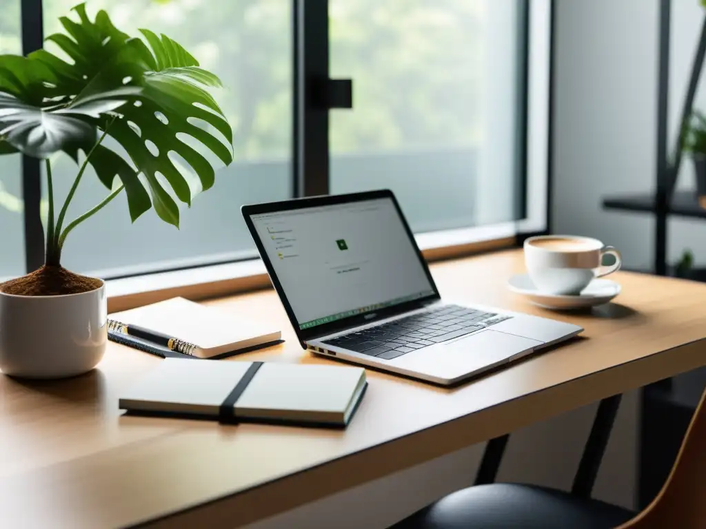 Escritorio minimalista con laptop, notas y café, bañado en luz natural