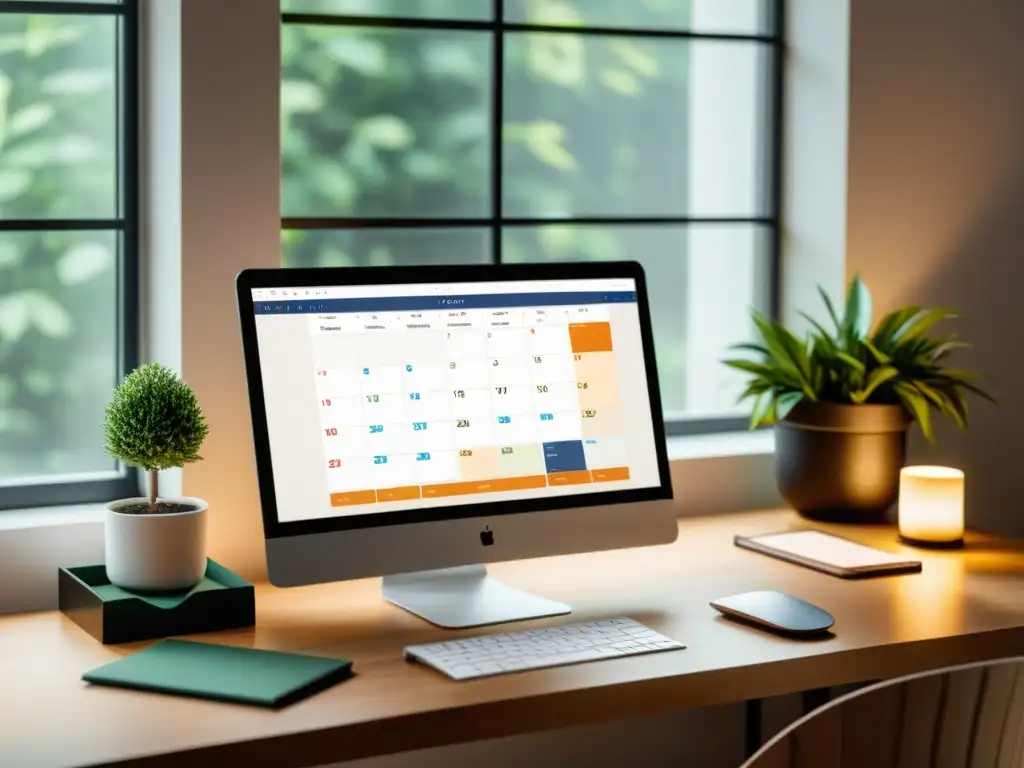 Escritorio moderno con calendario de código abierto, papelería ordenada y planta, bañado por luz natural