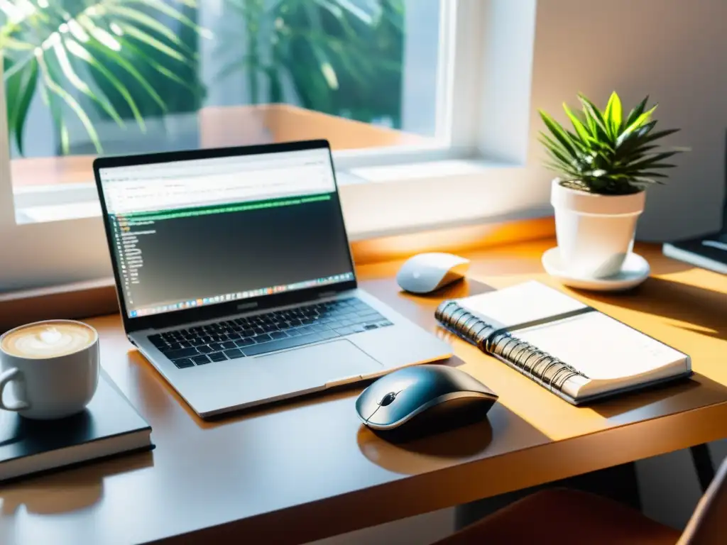 Escritorio moderno con código JavaScript bien formateado, teclado, ratón y una taza de café