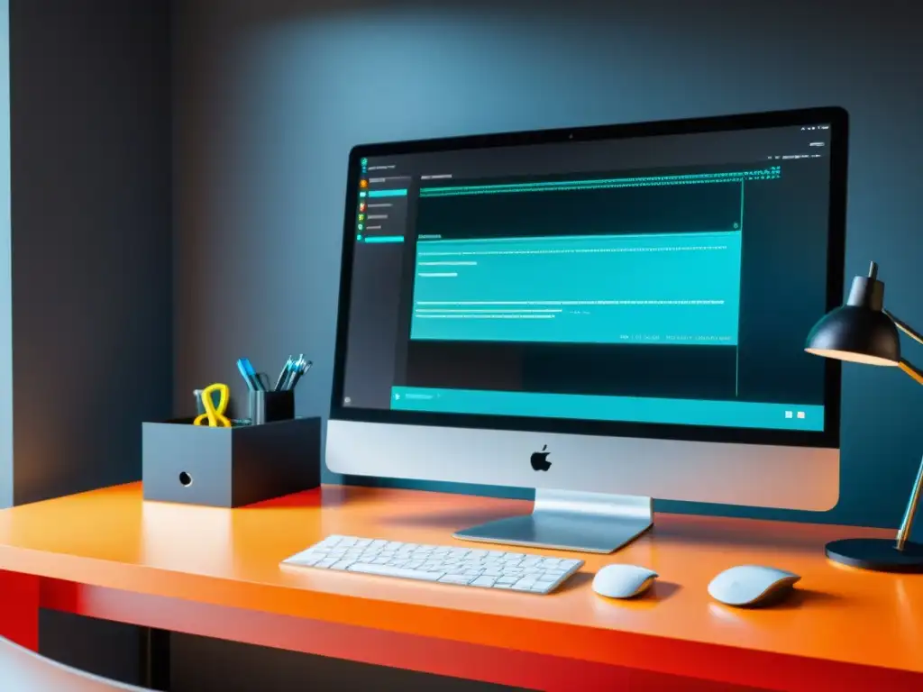 Un escritorio moderno con computadora y código en pantalla, reflejando la gestión de propiedad intelectual en software de código abierto