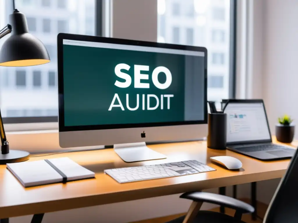 Un escritorio moderno con herramientas de auditorías SEO y código abierto, creando un ambiente profesional y enfocado