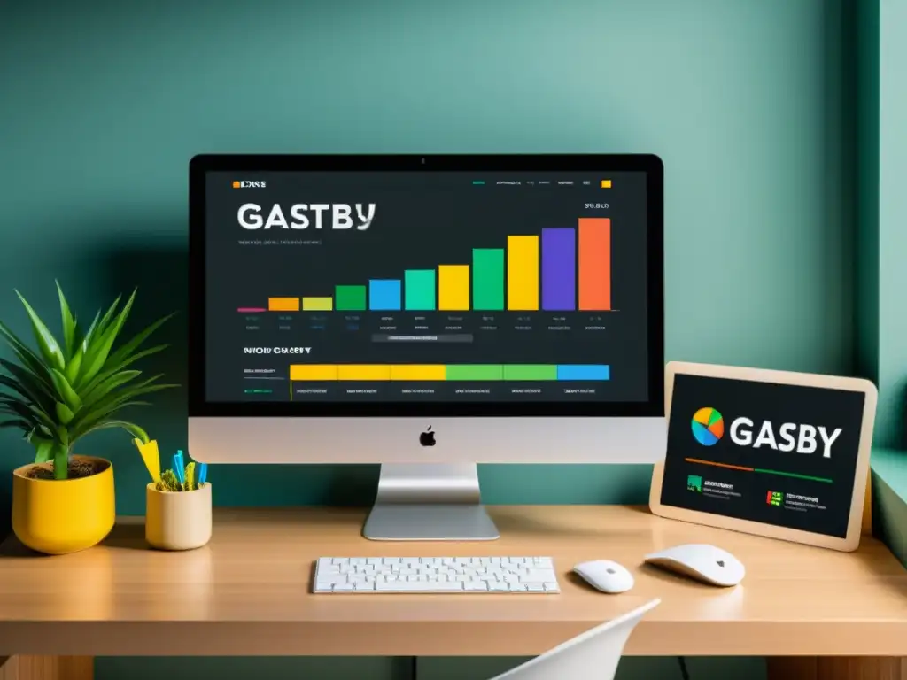 Escritorio moderno con monitor mostrando un dashboard Gatsby
