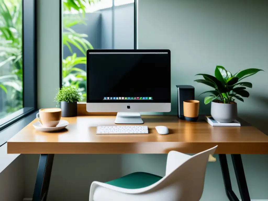 Escritorio moderno con ordenador, planificación financiera con software libre, libreta y café, bañado en luz natural y plantas de fondo