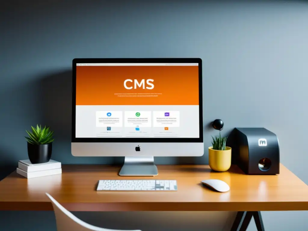 Escritorio moderno con ordenador mostrando los mejores plugins CMS código abierto, ambiente profesional y tech-savvy