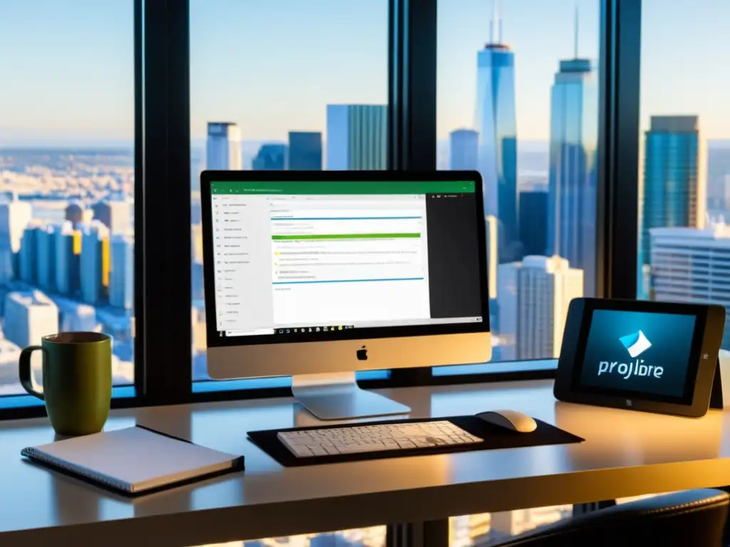 Un escritorio moderno con ProjectLibre, café y vista a la ciudad: alternativa de código abierto a Microsoft Project en un entorno profesional