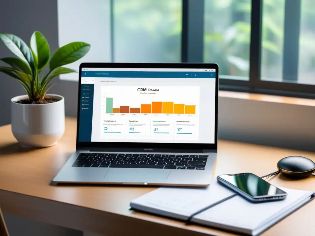 Escritorio moderno con software CRM y elementos de oficina, iluminado por luz natural