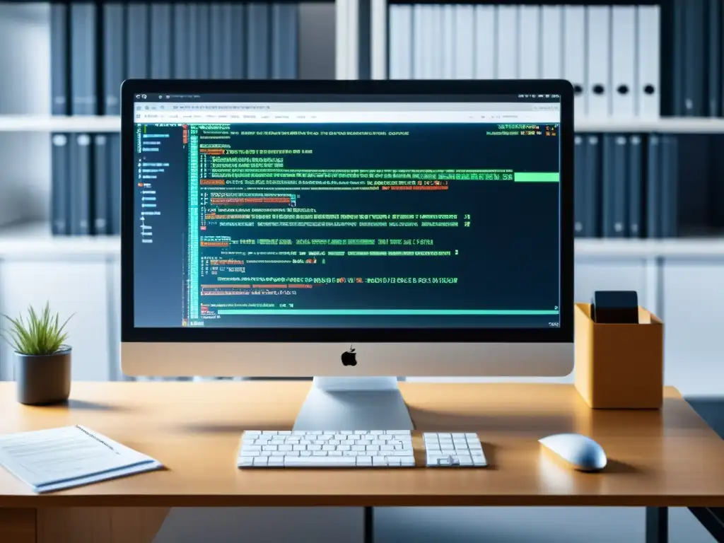 Un escritorio de oficina moderna con integración de código abierto, mostrando la eficiencia y profesionalidad
