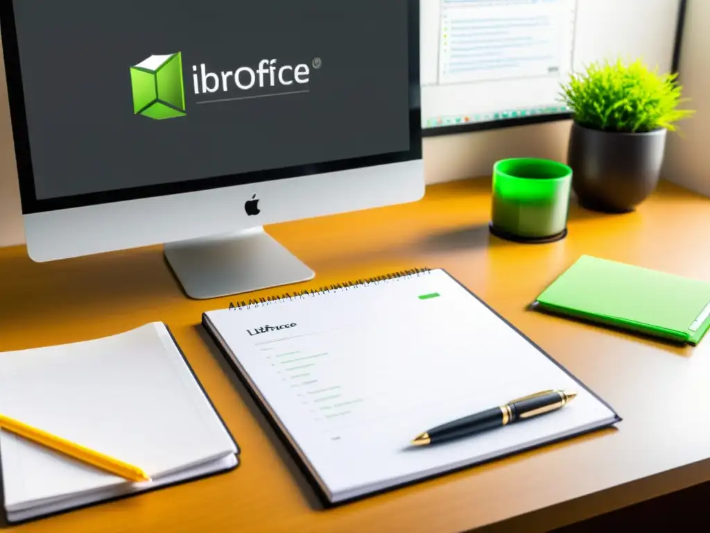 Escritorio de oficina moderno con consejos para maximizar LibreOffice