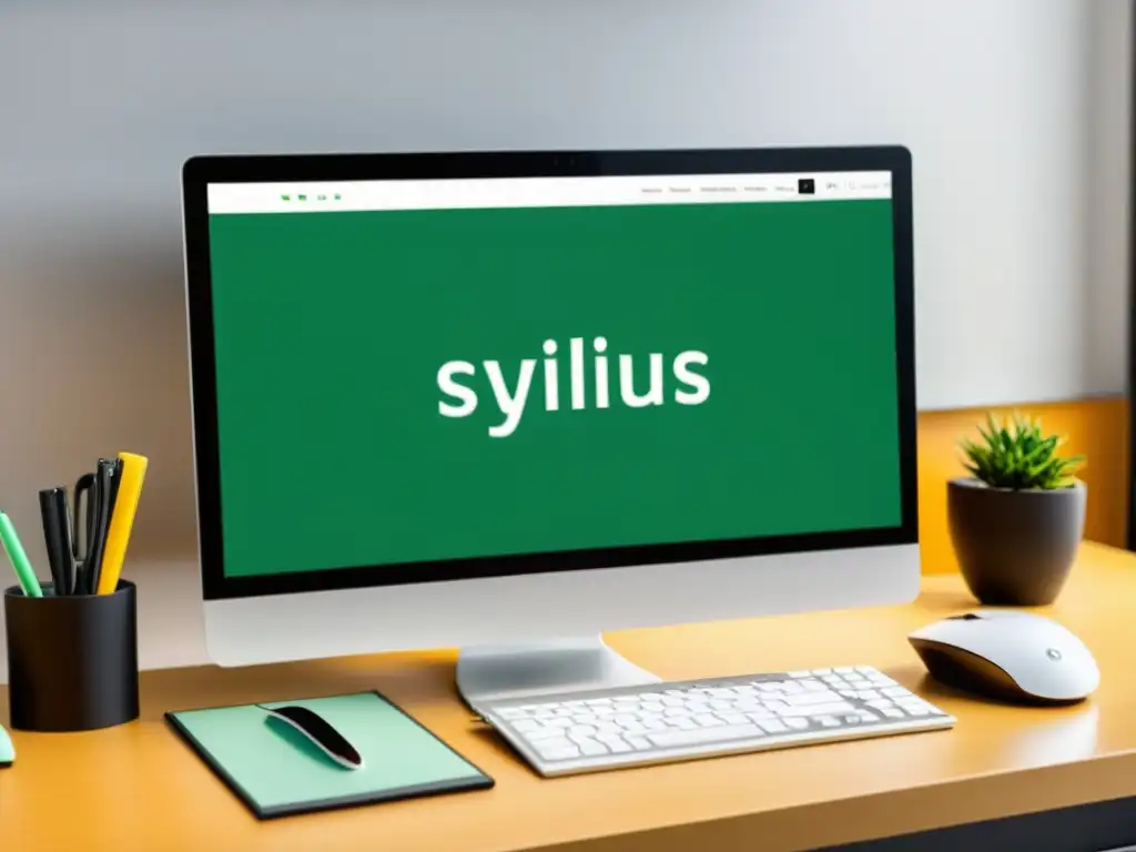 Un escritorio de oficina moderno con integración de Sylius y otras herramientas empresariales, simbolizando eficiencia y profesionalismo