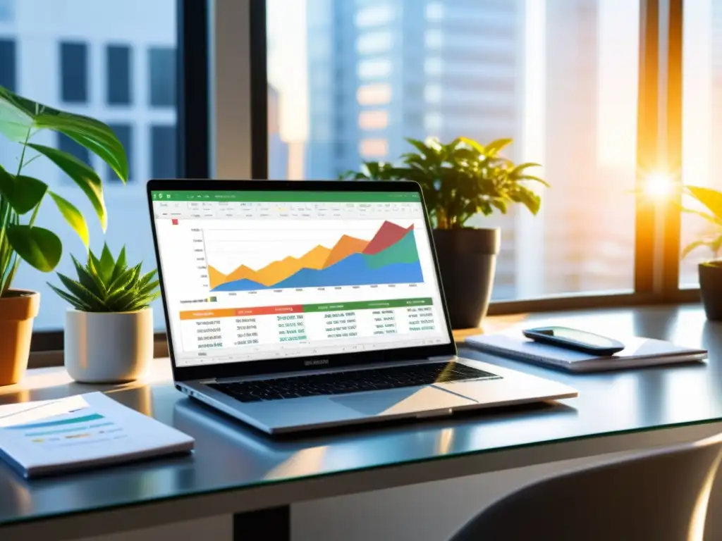 Escritorio moderno con laptop y plantas en un entorno sereno Escritorio de oficina moderno con laptop abierto en Calc, rodeado de plantas y café