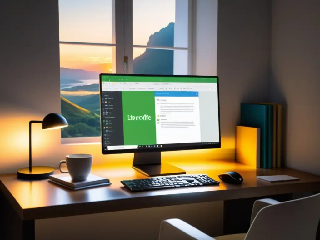 Escritorio de oficina moderno con monitor mostrando aplicaciones de LibreOffice, organización impecable y taza de café