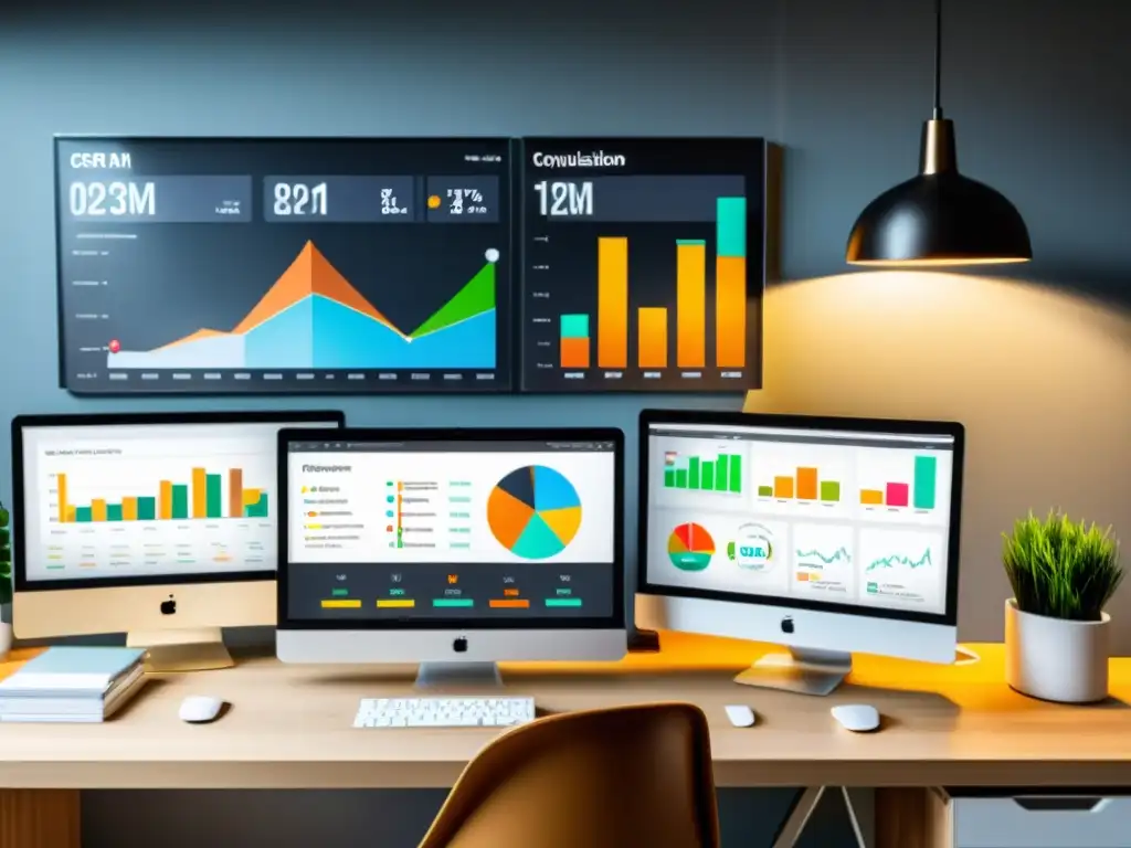 Escritorio de oficina moderno con ordenador mostrando el panel de control de CRM de código abierto, rodeado de gráficos y análisis de datos de ROI