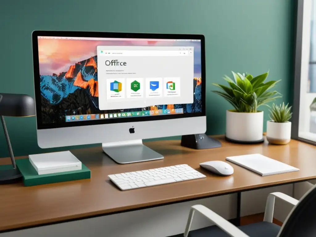 Un escritorio de oficina moderno con la Suite Ofimática Open Source ONLYOFFICE en pantalla, integrada con Google Workspace y Microsoft Office